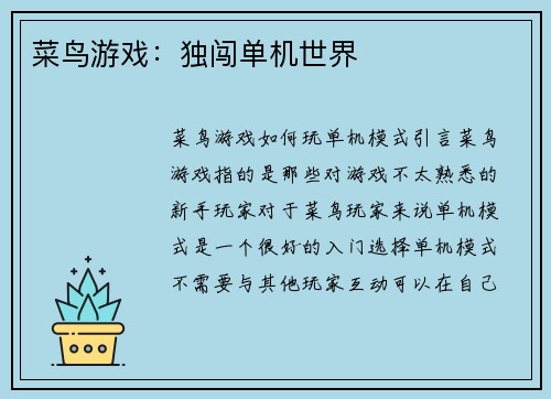菜鸟游戏：独闯单机世界